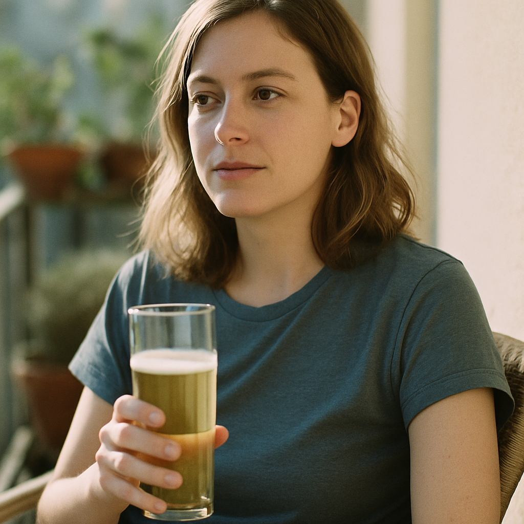 休日の昼にノンアルコールビールを楽しむ女性