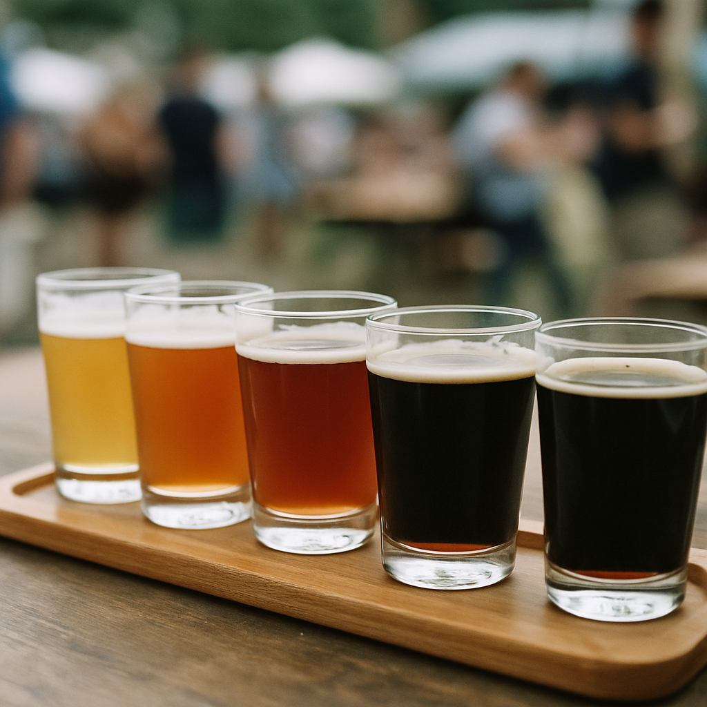 テーブルに並んだ小さめのテイスティンググラスに注がれた色とりどりのビール