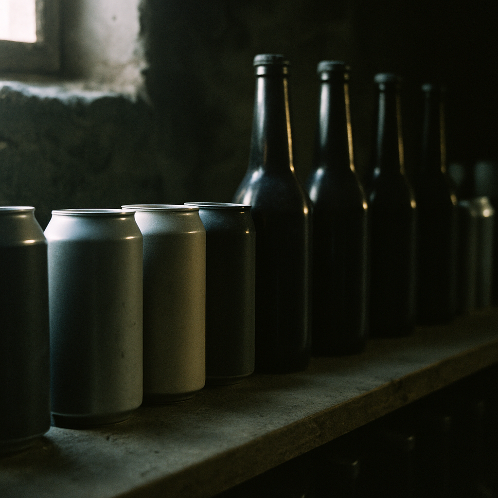 冷暗所で保管されたクラフトビールの缶と瓶