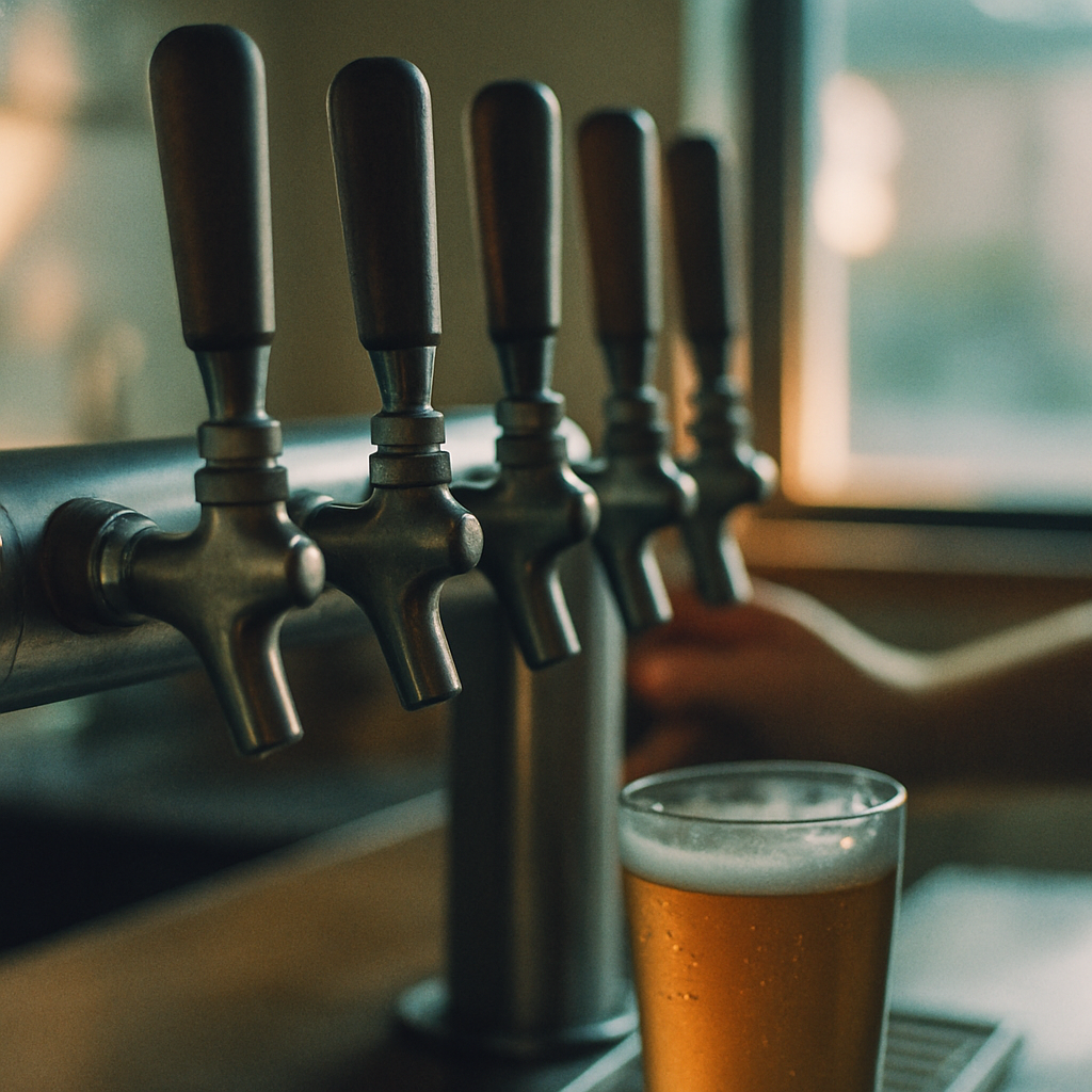 タップルームのカウンターに並ぶビールタップハンドル