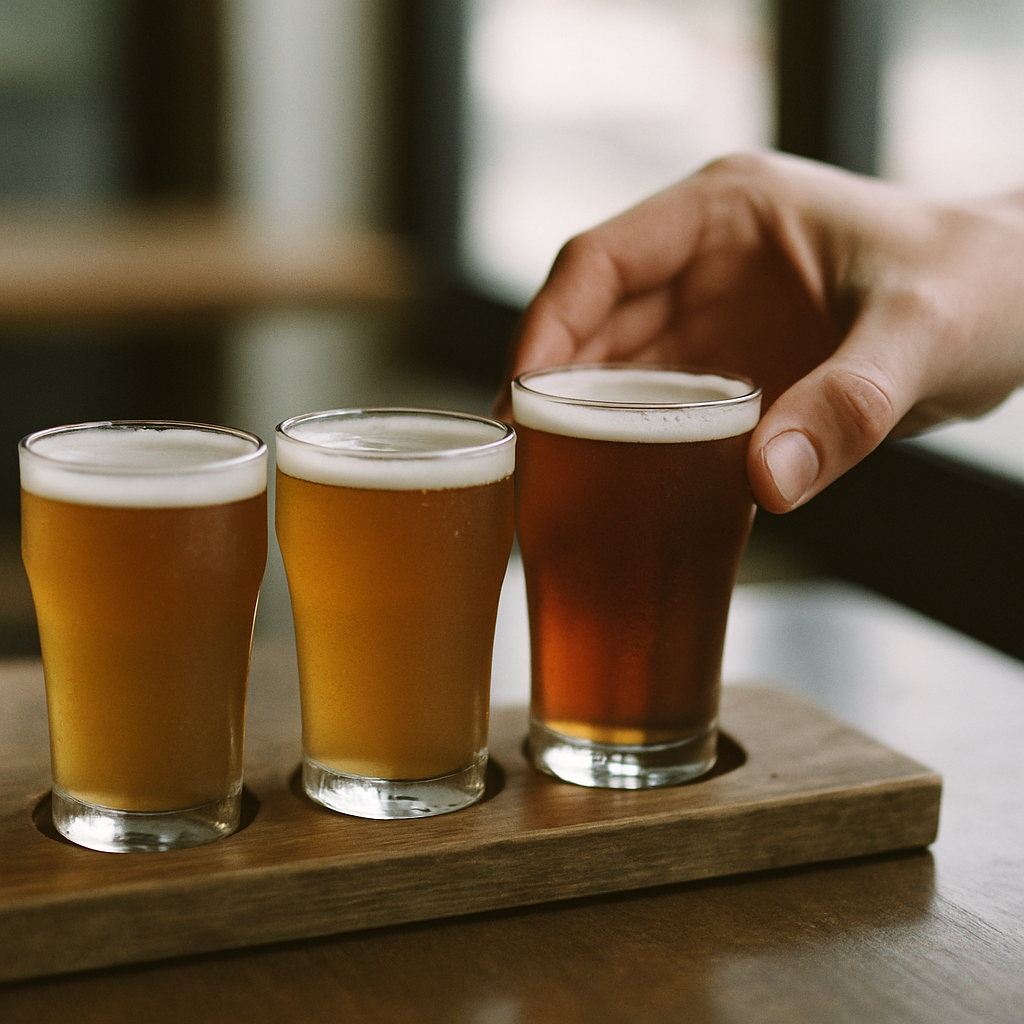 木製トレーに並ぶ数種類のクラフトビールのテイスティンググラス