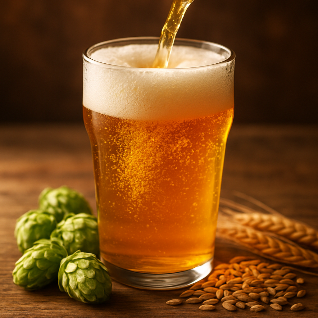 ペールエールを注ぐクラフトビールのグラス、ホップと麦芽を添えた木製テーブル