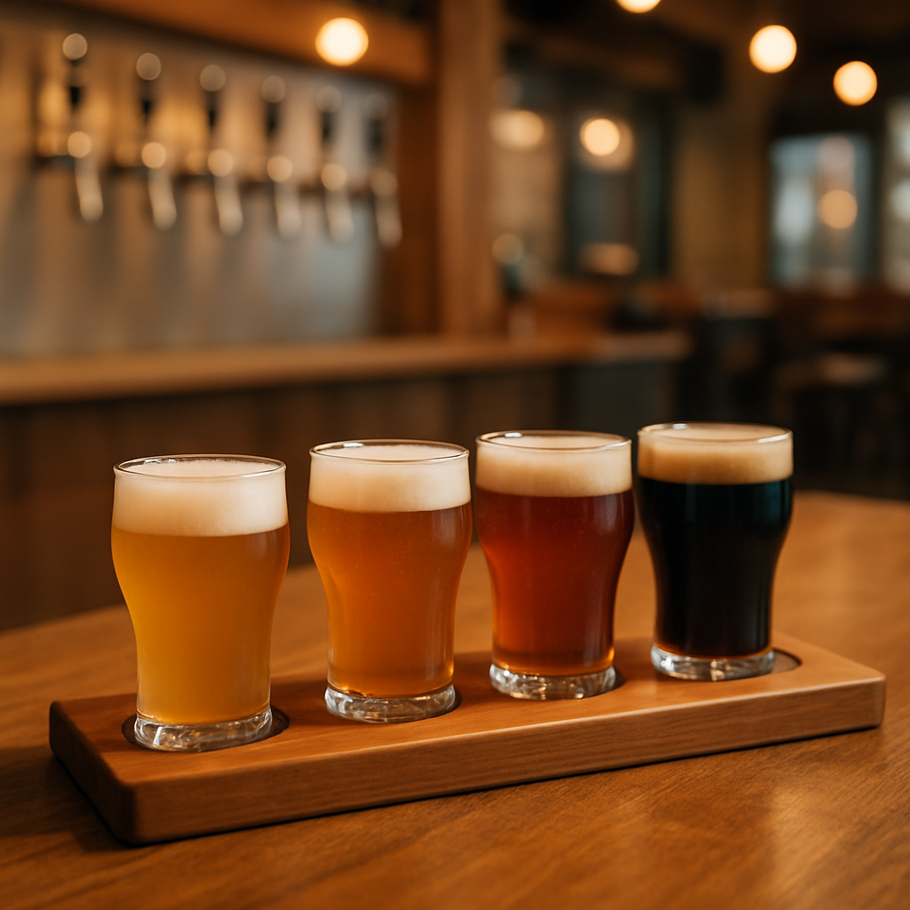 木製のフライトボードに並べた4種類のクラフトビールのテイスティンググラス