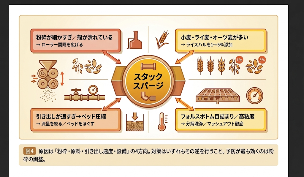 スタックスパージの原因（粉砕・原料・引き出し速度・設備）を整理したマップ図