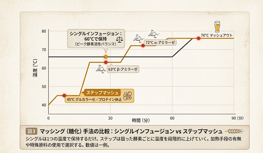 シングルインフュージョンとステップマッシュの温度プロファイルを比較した図
