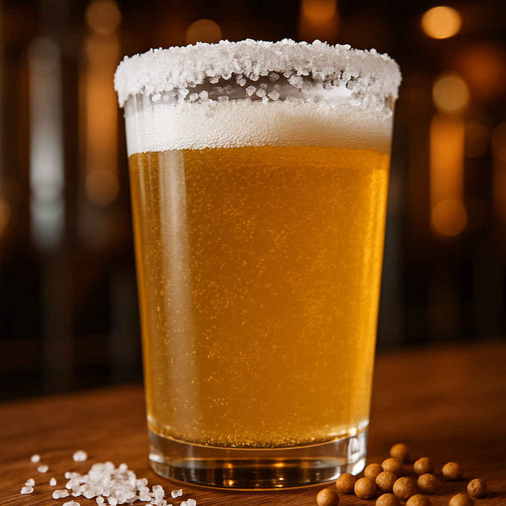 ゴーゼクラフトビールのグラス。塩をリムに施したビールと周辺のコリアンダーシード