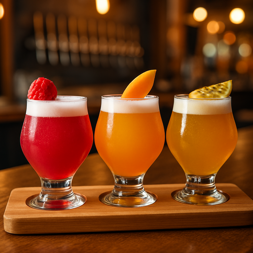 タップルームに並ぶ色とりどりのフルーツサワービールのフライト