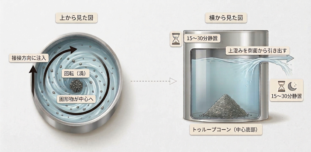 ワールプールの原理。上から見ると麦汁を接線方向に注入して回転させ、固形物が中心に集まる。横から見ると中心底部にトゥルーブが円錐状に堆積し、上澄みを側面から引き出す