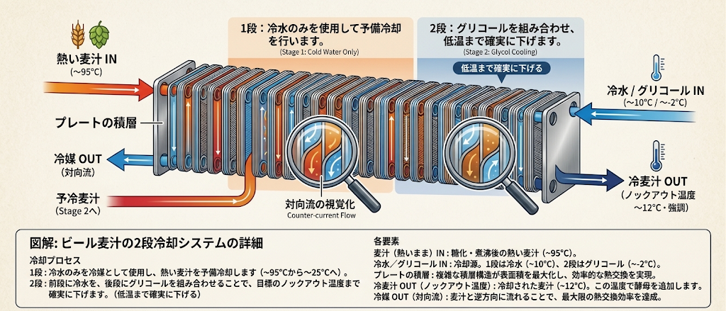 プレート式熱交換器の対向流。熱い麦汁と冷媒（冷水やグリコール）を積層プレートの隙間に逆向きに流して熱交換し、麦汁をノックアウト温度まで下げる