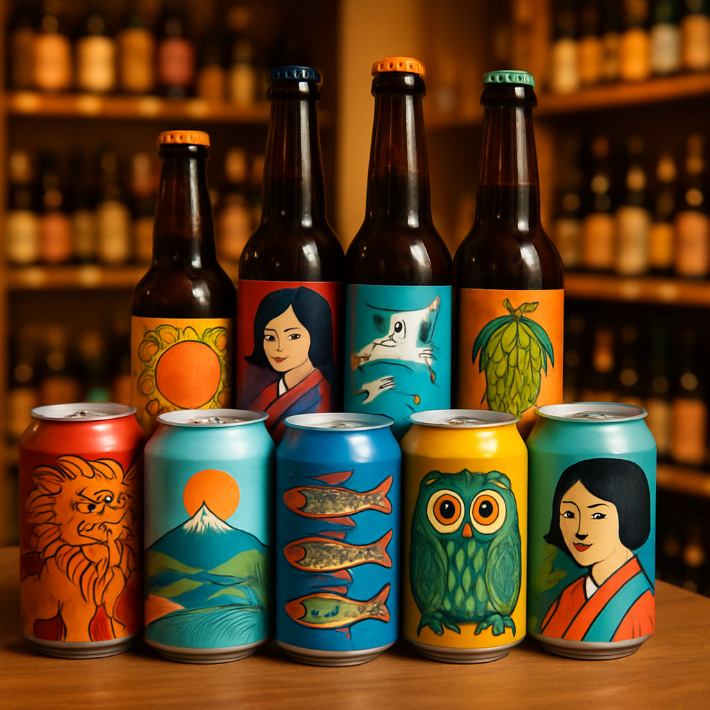 クラフトビール専門店に並ぶさまざまな種類のビール缶と瓶
