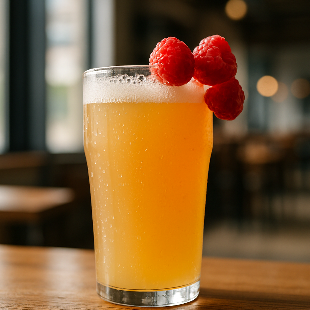 サワービールのグラス。ベルリナーヴァイツェにラズベリーを添えたシーン